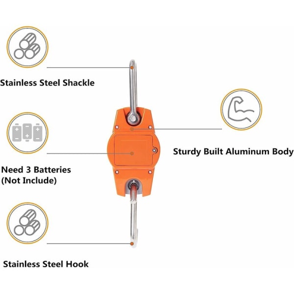 660 lb:n digitaalinen riippuvaaka alumiinirungolla, 300 kg kannettava nosturivaaka koukulla maatilametsästykseen, ulkokalastukseen (oranssi)