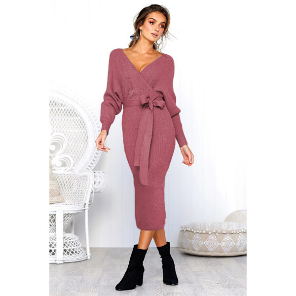 Syksyn ja talven seksikäs V-kaula-aukkoinen solmio pitkähihainen naisten mekko dark reddish purple XL