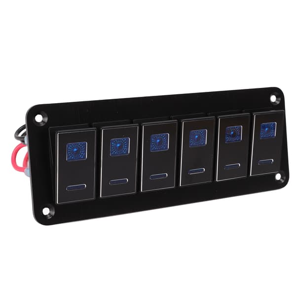 6 Gang Rocker Switch Panel Vandtæt Blå Baggrundsbelyst Aluminium Legering Anodiseret Sort til Bil Lastbil RV Båd DC12V‑24V