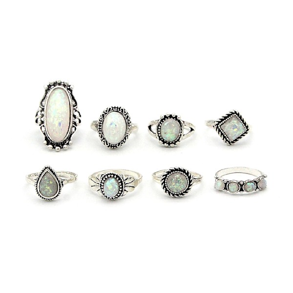 8 st/ set Fyrkantiga stapelbara knogringar Silverfärg Etnisk stil Faux Gem Finger Ringar Smycken Tillbehör