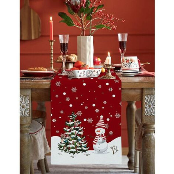 Merry Christmas Table Runner 90 tum lång tvättbar säckväv linnebordssamling för middag, fest, middag, semester, C
