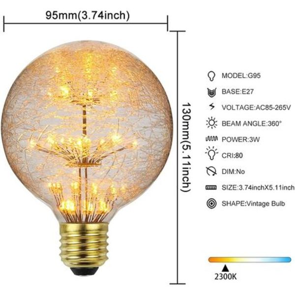 3W Vintage LED-lamput - Koristeellinen tähtipolttimo - 2200K - Lämmin keltainen - E27 (G95 - Moonlight)