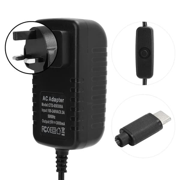 Raspberry Pi 4B 5V 3A Type C -virtalähdeadapteri kytkimellä 100-240V UK-pistoke