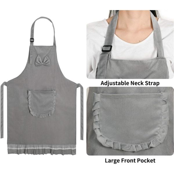Damförkläde Köksförkläde i bomull med justerbar hals och stor ficka Personligt förkläde för grillmatlagning, bakning, städverkstad, bar, grå
