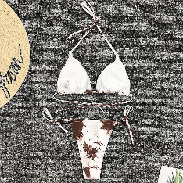 kvinder Bandage Tie Dye Halter Bikini Sæt Polstret Badetøj brasiliansk badedragt Khaki L