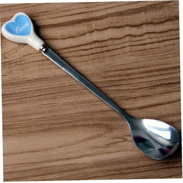 2 rustfrit stål teskefulde hjerteform keramisk dekoreret kaffemælk dessert sukkerstang (blå)