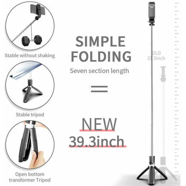 Bluetooth Selfie Stick, 3 i 1 Selfie Stick Tripod Bluetooth Selfie Stick Udtrækkelig Teleskopisk Justerbar Monopod med aftagelig fjernbetjening og St.