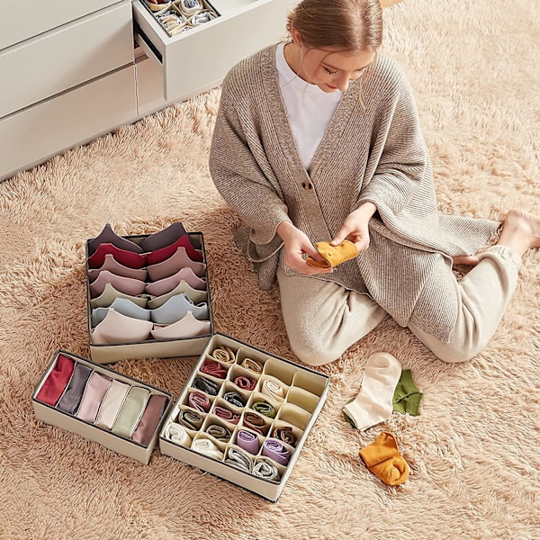 Non-woven, hopfällbar organizer för underkläder, sockor, förvaringsbox med 4-rums bully-fack