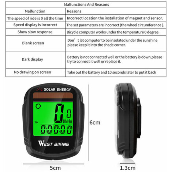 Solcelledrevet cykelcomputer Trådløs Vandtæt cykel Speedometer Kilometertæller Auto Wake Up Cykelcomputer - Sort - Sort