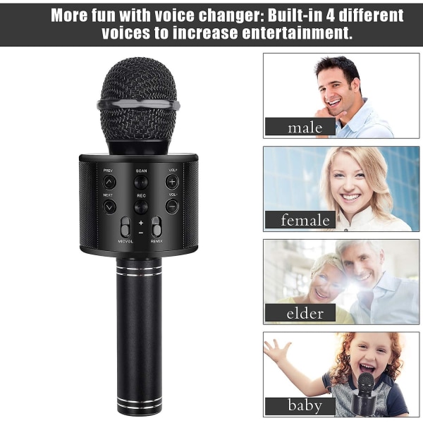 Mikrofon, Trådløs Bluetooth Karaoke Mikrofon Børn, Bærbar 4-i-1 håndholdt mikrofonmaskine, Ktv-afspiller til hjemmet med højttaler og optager Black