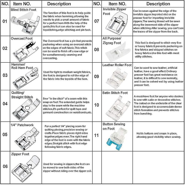 11 stk trykfødder, udskiftning af symaskinesæt, trykfødder, tilbehør til nogle Brother Singer Janome Toyota hjemmesymaskinemodeller