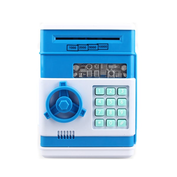 Säästöpossu, syntymäpäivälelulahja, oikean rahan elektroninen kassaautomaatti, iso säästöpossu muovinen tallelokero, söpöjä lasten esineitä (valkoinen+sininen),