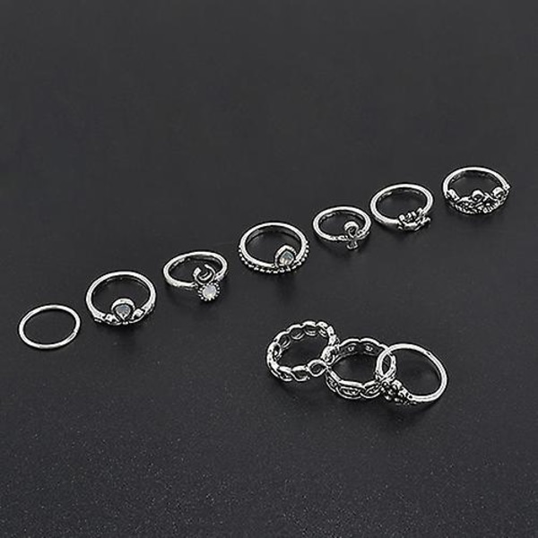 10kpl/ set Retro Boho Elephant Flower Moon Bove Knuckle Midi Finger Ring Korut Silver