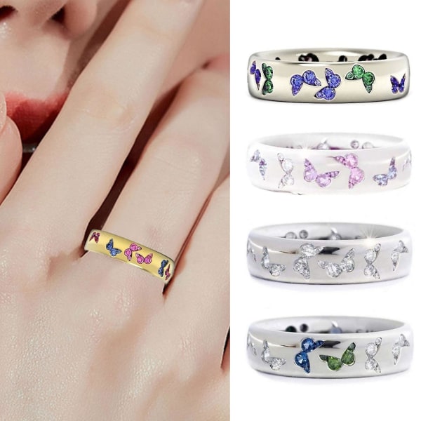 Glänsande kvinnor Ring Butterfly Mönster Rostfritt Utsökt Blandad Färg Lady Finger Ring För Bröllop Green US 10