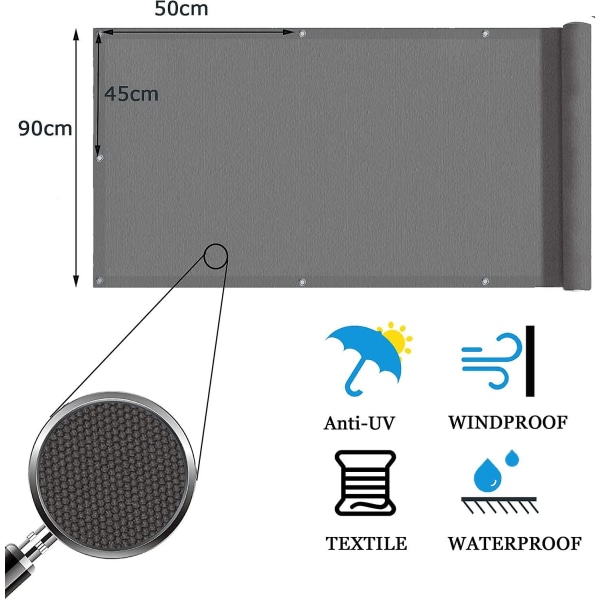 Sekretessskärm för balkong Pes Cover Vindskärm ogenomskinlig Uv-skydd Väderbeständig, 90x400cm,antracit