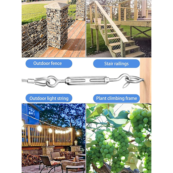 M4 rustfrit stålstrammer, 8 stykker 304 rustfrit stål krog- og øjestrammer, kabelstrammer/stålwirestrammer, Strammere til tøjsnor, C