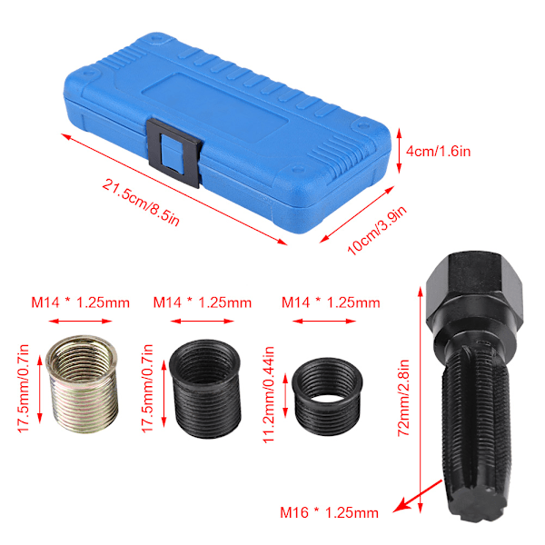 16-osainen sytytystulpan kierteenkorjaussarja (14 mm x 1,25) M16-hanalla ja kannettavalla kotelolla