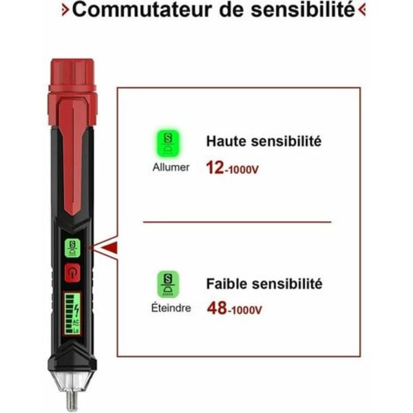Berøringsfri spændingsdetektor, spændingstester med dobbelt følsomhed 12V/48V-1000V, LCD-skærm, live/neutral ledningstest, F