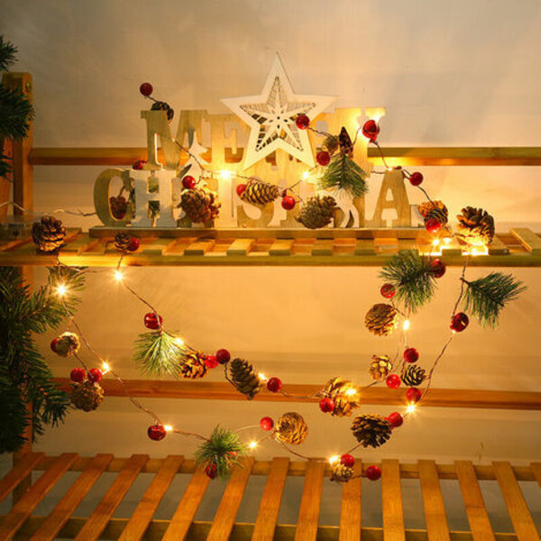 Joulumarja Holly Garland, 200 cm LED-valonauhat Joulumarjojen käpyseppele Deco joulun askartelukoristeisiin（1