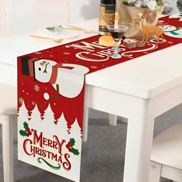 Julebordløber, 72" lang linned julebordløber, rød julebordløber, snemand, spisebordsdekorat