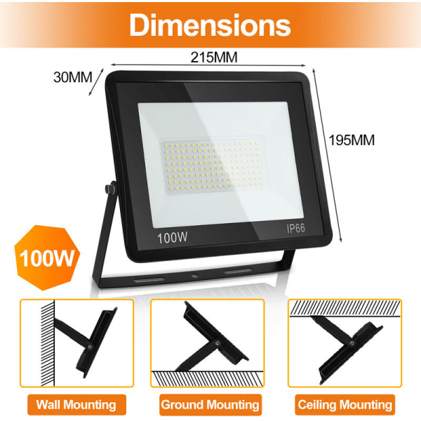 100 W ulkona LED-valonheitin Korkea kirkkaus Lämmin valkoinen 3000K, sisä- ja ulkovalaistukseen