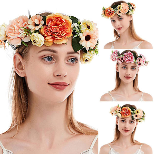 Flower Headpand Naisten säädettävä kukkakruunu Flower Garland -hiuspanta White