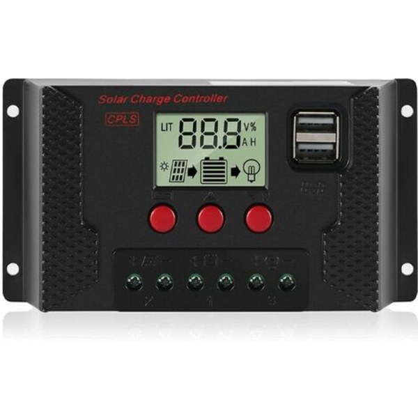 Laddningskontroll 30A Solpanel Laddningsregulator Automatisk identifiering 12V/24V med LCD-skärm och 5V USB -port Bla