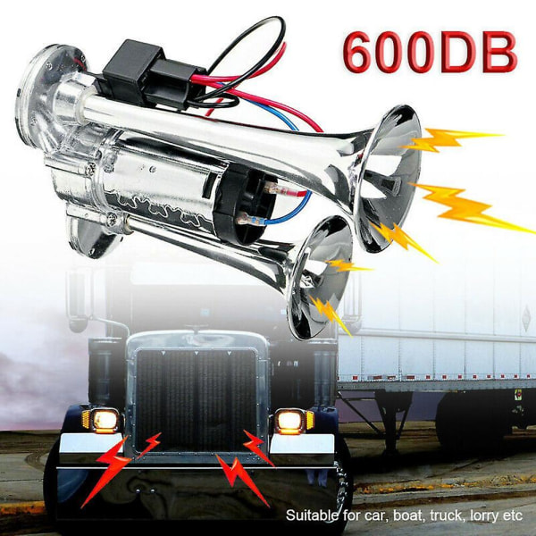 Biltrumpet 600db 12v dubbla högtalare Kromad metall lufthorn för bil Lastbil Buss Båt Marin Rv Tillbehör