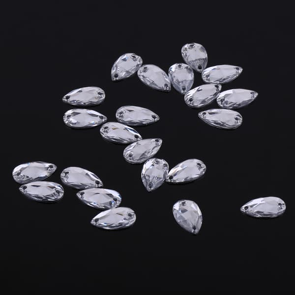 Dråpeformet Harpiks Flatback Rhinestone - 200 stk, dobbel hull, hvit