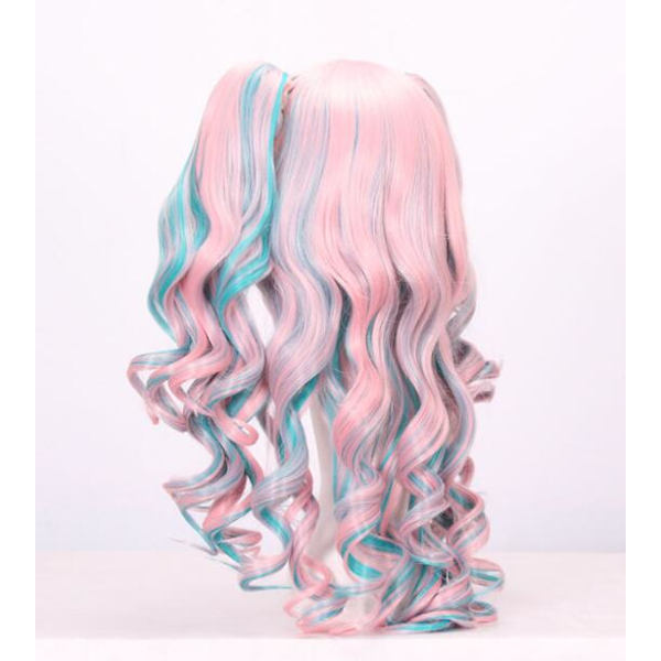 Monivärinen Lolita pitkä kihara klipsi ponytails Cosplay peruukki