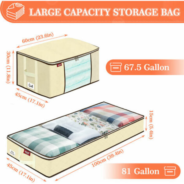 Set med 4 förvaringsväskor med dragkedjor Hopfällbar organizer för skor Kläder Täcken Sängkläder Beige