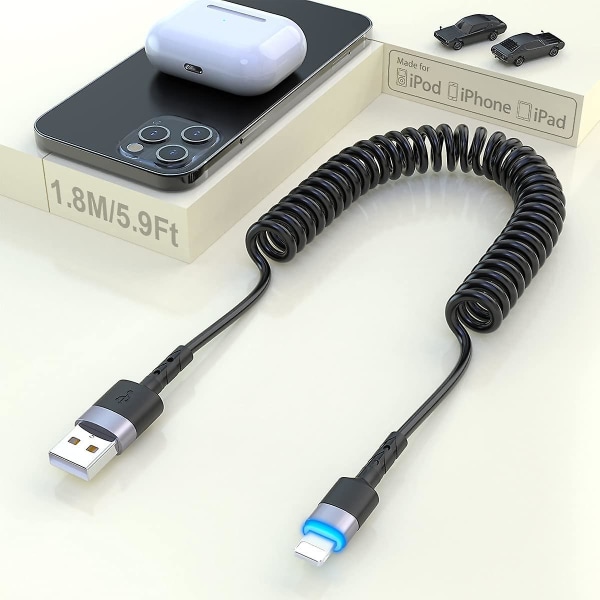Spiralformad Lightning-kabel [MFi-certifierad & Carplay-kompatibel], USB till Lightning-kabel 6 fot Datakabel Kompatibel med Xs/xs Max/xr/x/12/11/11 Plus/8/7 Pl
