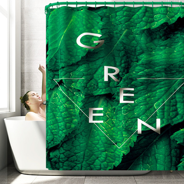 Green Leaf Print Bruseforhæng Toilet Gulvmåtte Firedelt tæppe Gulvmåtte Vandtæt bruseforhæng Hængegardin, A,