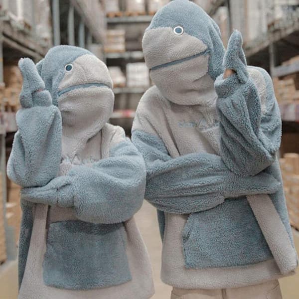 Hoodie för damer med hajmotiv, mjukt fleecefoder, lös passform, par-tröja, myskläder