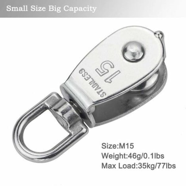M15 304 rustfrit stål enkelt remskive, 15 MM enkelt remskive blokrulle, kran-drejelig krog Glat wire-reb Kabelbelastning