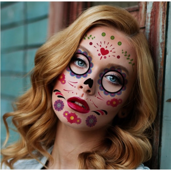 Vandtæt Day of the Dead Masquerade Makeup Sjovt midlertidigt klistermærke Halloween Face Tattoo Sticker (SY-B123*5+SY-B124*5),