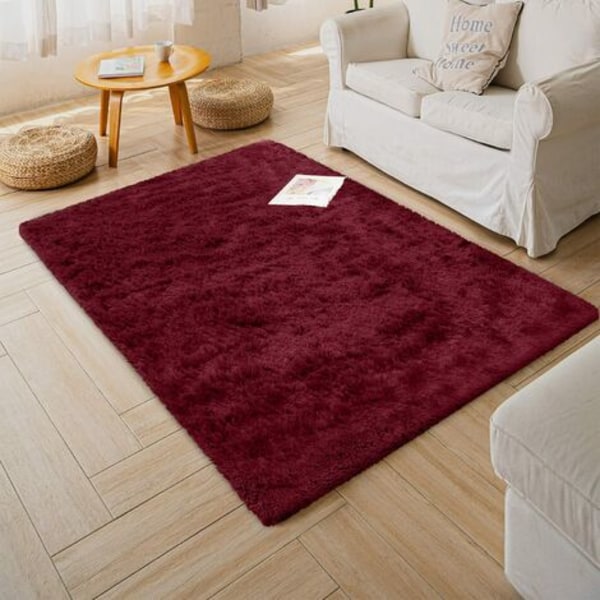 Shag tæppe til stuen - Moderne fluffy - Kort luv - Skridsikker bordeaux (80 cm x 160 cm)