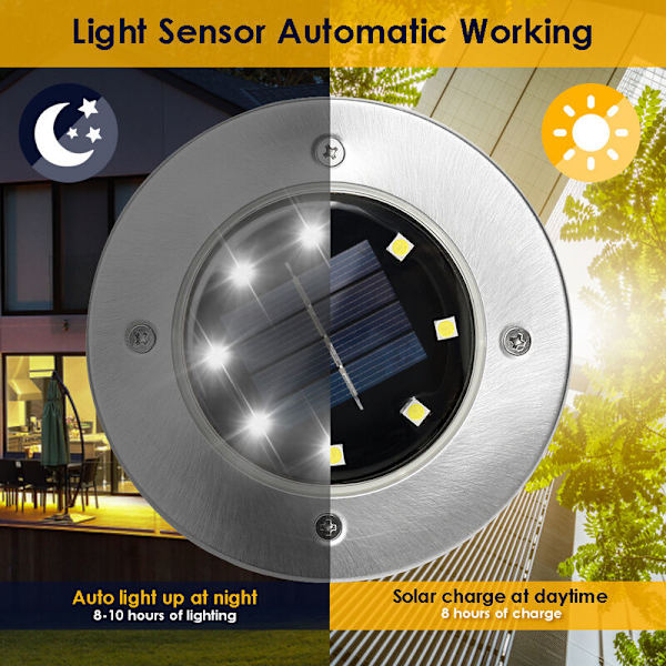 8X LED Solar Have Spotlight Solar Gårdsplads Lampe IP65 Udendørs Ground Spot Lampe Rustfrit Stål 8LEDs Cool White - Silv