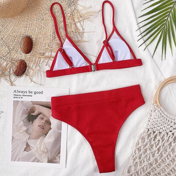 dam Baddräkt Hög midja Push Up Bikini Set Badkläder Baddräkt Strandkläder Red M