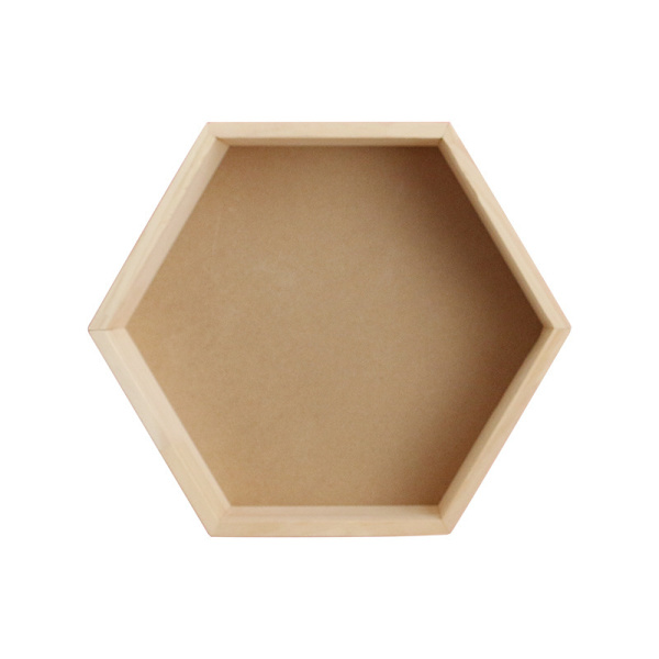 Massivt træ væghylde display hylde, honeycomb sekskantet form (lille, log)