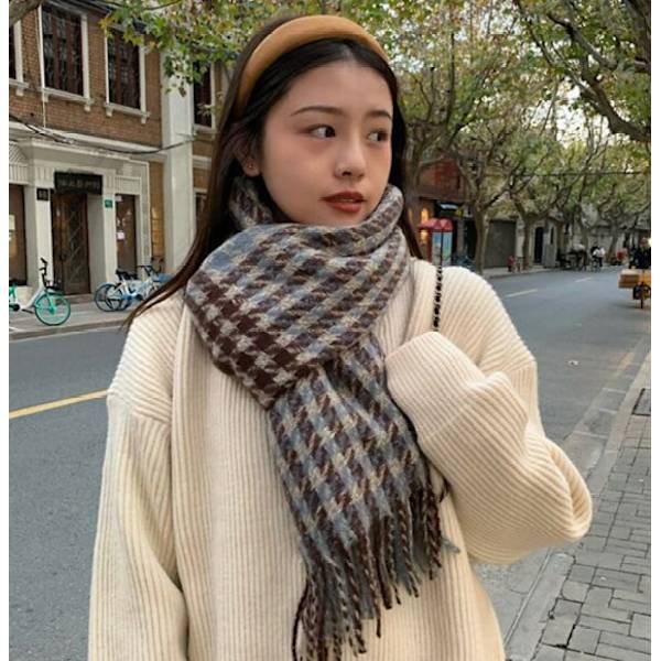 Houndstooth rutig scarf höst och vinter student sjal matchande varm scarf (brun)