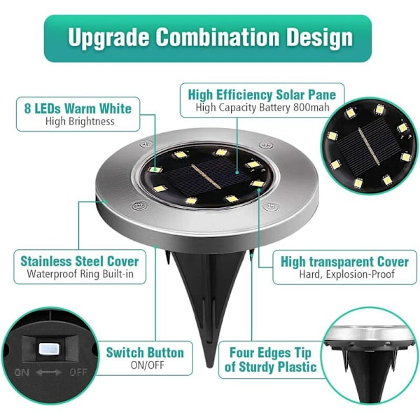 8LED rustfrit stål solar underjordisk lys (8LED underjordisk hvidt lys), til udendørs, have, gård