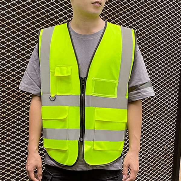 Sikkerhedsreflekterende vest til byggeri, industri, bygning, vej, vejtrafik, lynlåslukning, multi-lomme design - Grøn