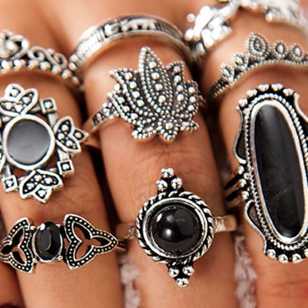 11 kpl / set Sydän Pinottavat rystyssormukset metalliseos Bohemia Black Faux Gem Sormukset Korutarvike