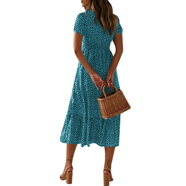 Heta kvinnors kortärmade print sommar Casual medellång swingklänning Blue M