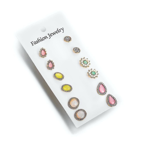 6 stk Øreringe Sæt Multielemented Vanddråbe Rhinestone Flower Opal ørestikker til daglig brug