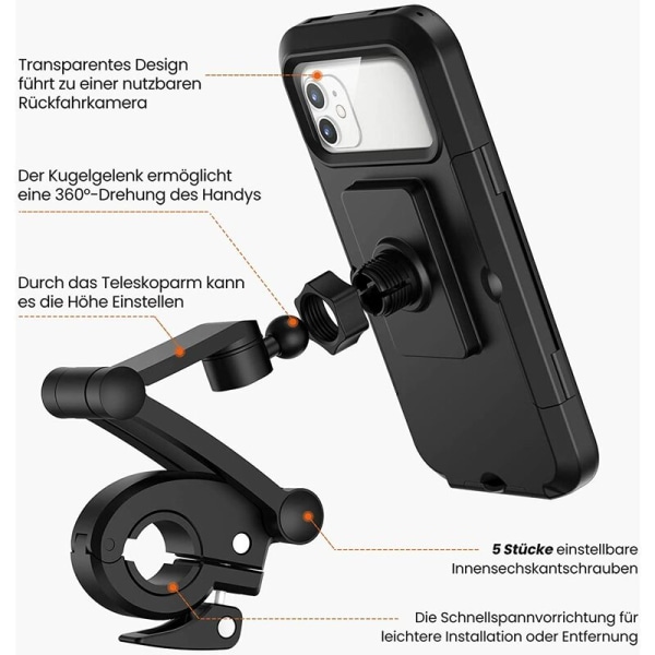 Cykeltelefonhållare, vattentät smartphonehållare med pekskärm, 360° vridbar, höjdjusterbar för upp till 6,7 Inc.