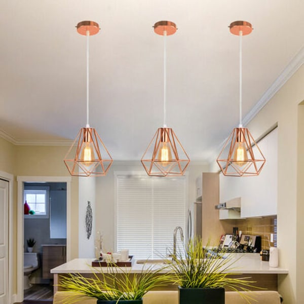 Metal diamantform pendel lysekrone moderne E27 loftslampe til soveværelset stue bar rose - rosa guld