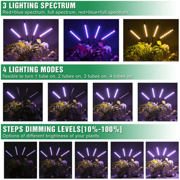 Växtljus, odlingsljus med stativ, 80 lysdioder Plant trädgårdsodling växtljus blommande 4 huvuden fullspektrum växtljus,