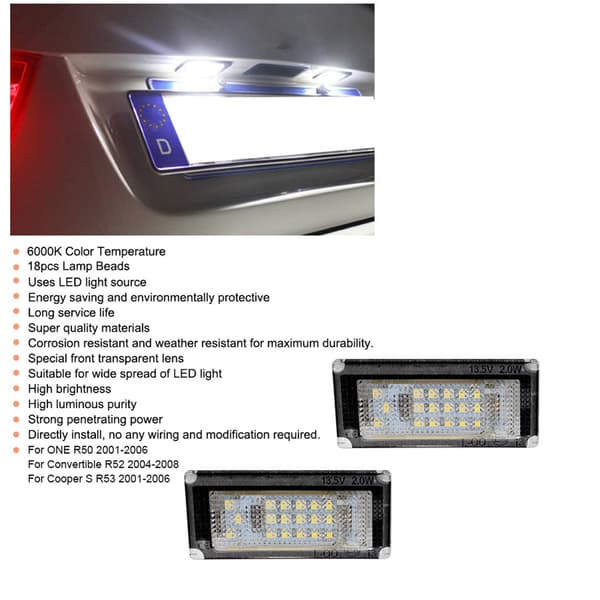 6000K 18 LED Registreringsskylt Lampa Panel för ONE R50 2001-2006